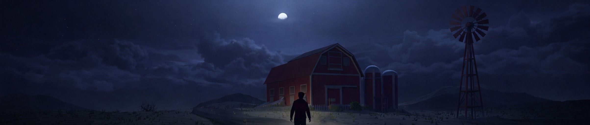 In-engine scene showing a red barn with cinematic environmental framing